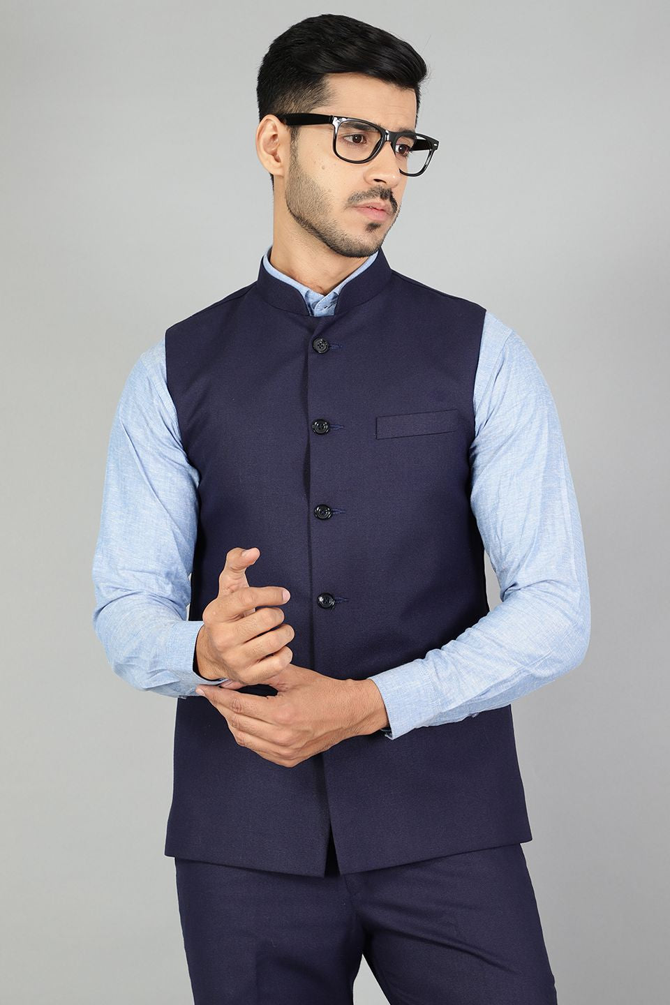 Polyester Cotton Plain Blue  Vest and Trouser Set