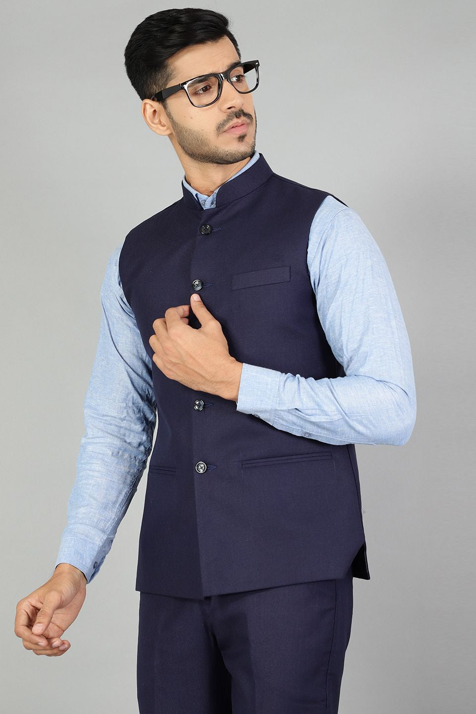 Polyester Cotton Plain Blue  Vest and Trouser Set