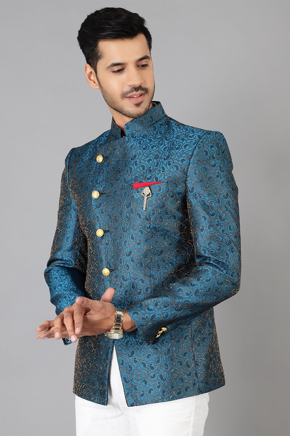 Banarasi Rayon Cotton Green  Bandhgala