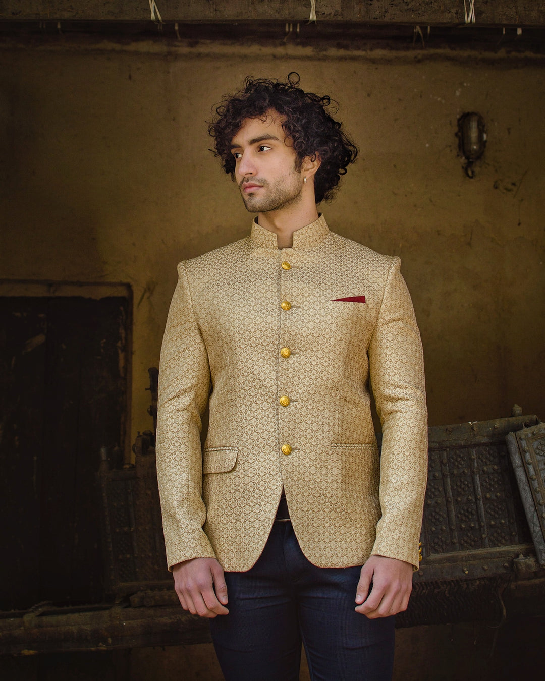 Banarsi Rayon Cotton Gold Bandhgala