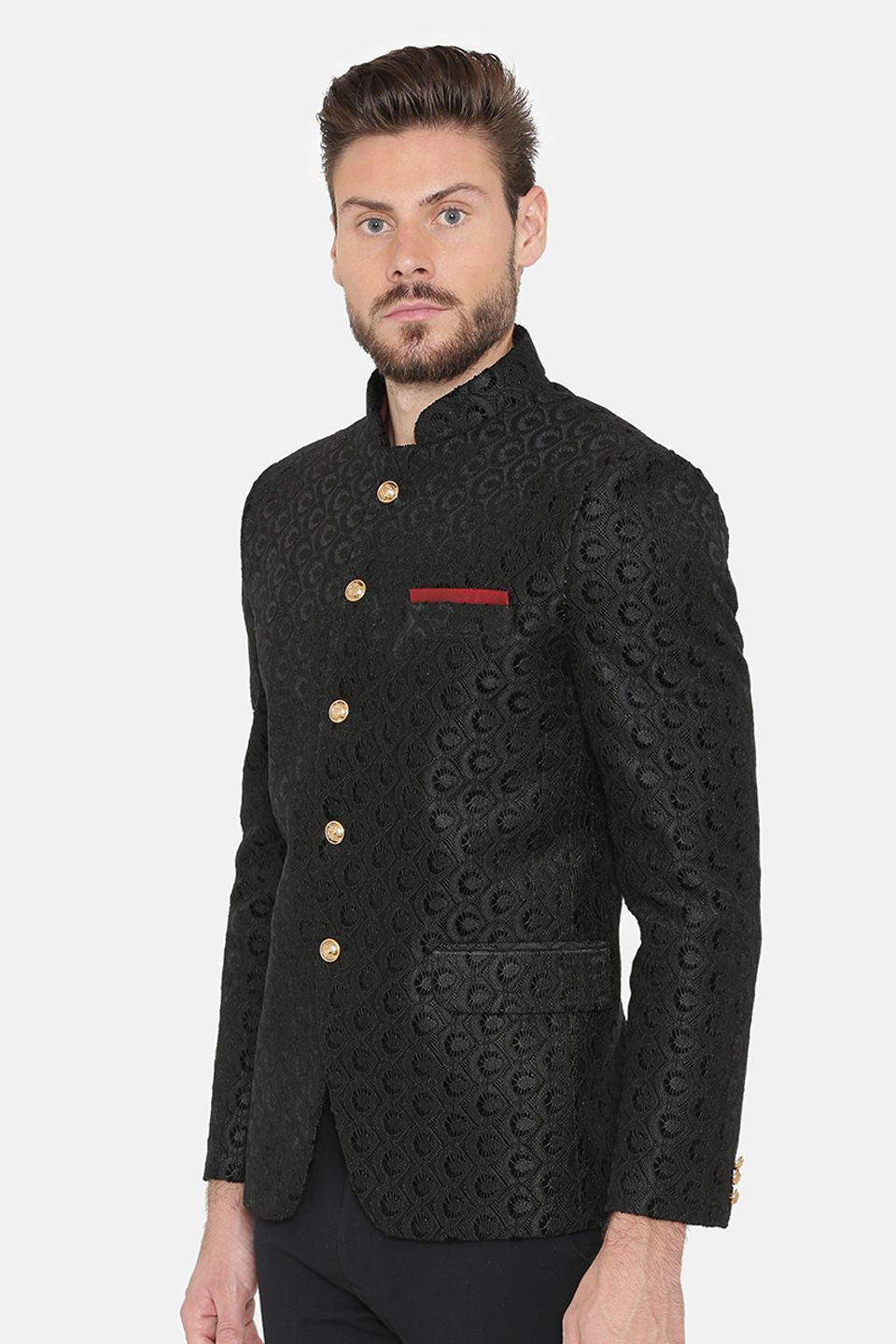 EmbroideRed Velvet Black Bandhgala