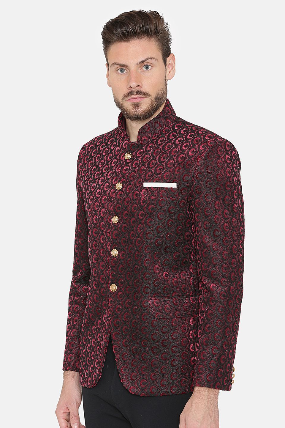 EmbroideRed Velvet Red Bandhgala