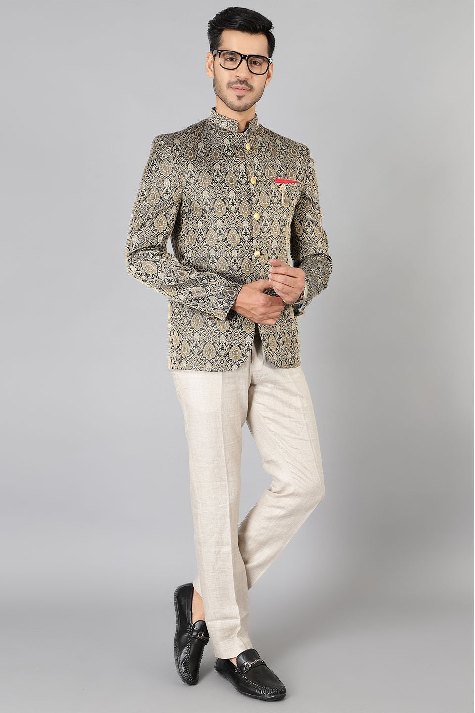 Banarasi Rayon Cotton Grey Bandhgala