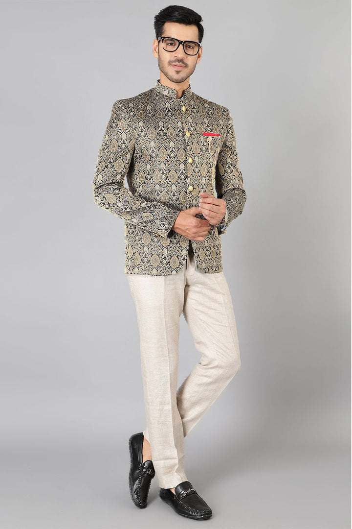 Banarasi Rayon Cotton Grey Bandhgala
