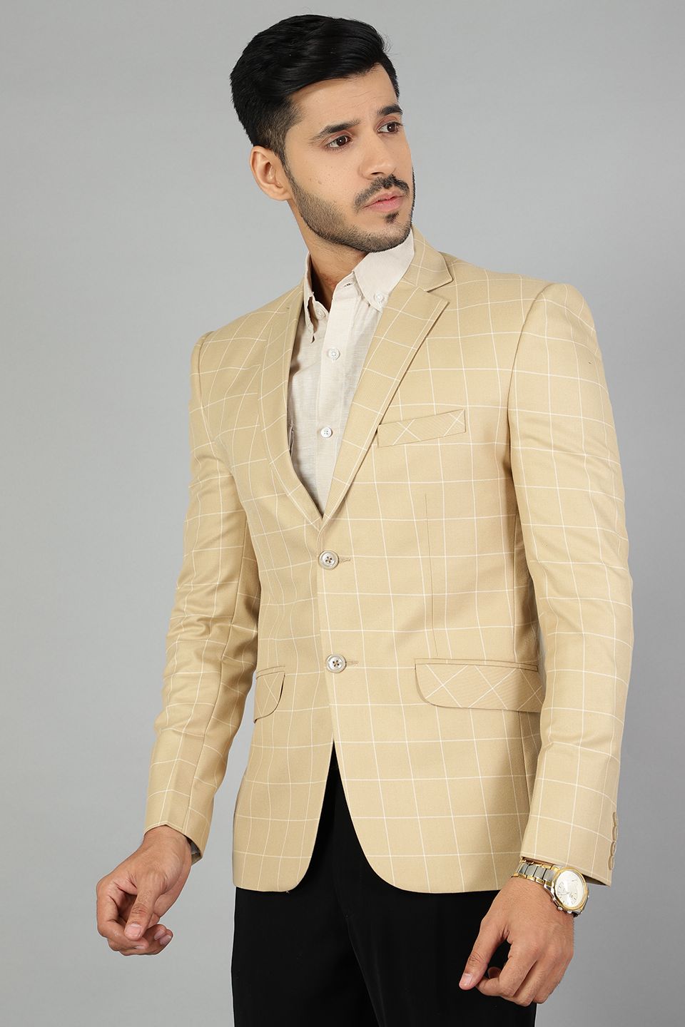 Poly Viscose Checkered Gold Blazer