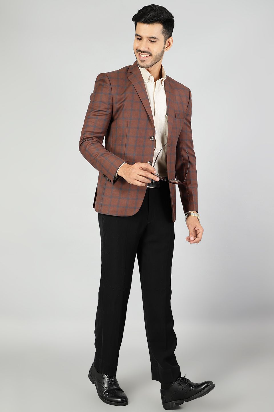 Poly Wool Checkered Brown Blazer