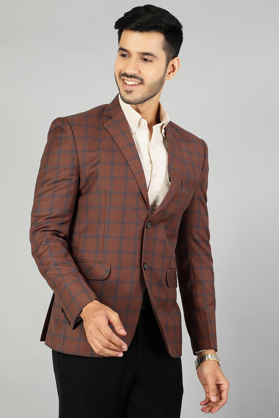 Poly Wool Checkered Brown Blazer