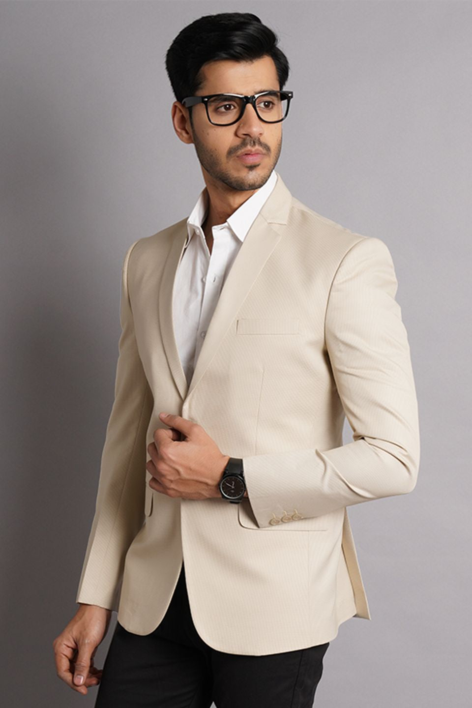 Poly Viscose Beige Solid Blazer