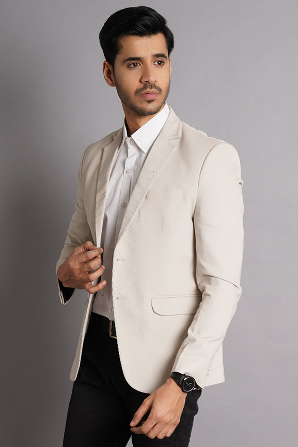 Corduroy Cotton Beige Solid Blazer