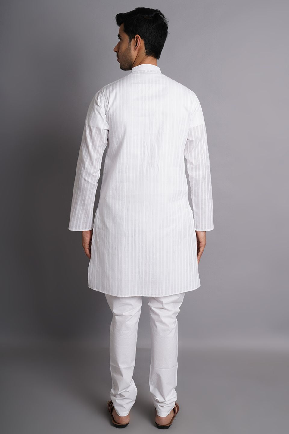 Cotton White Striped Long Kurta Pajama