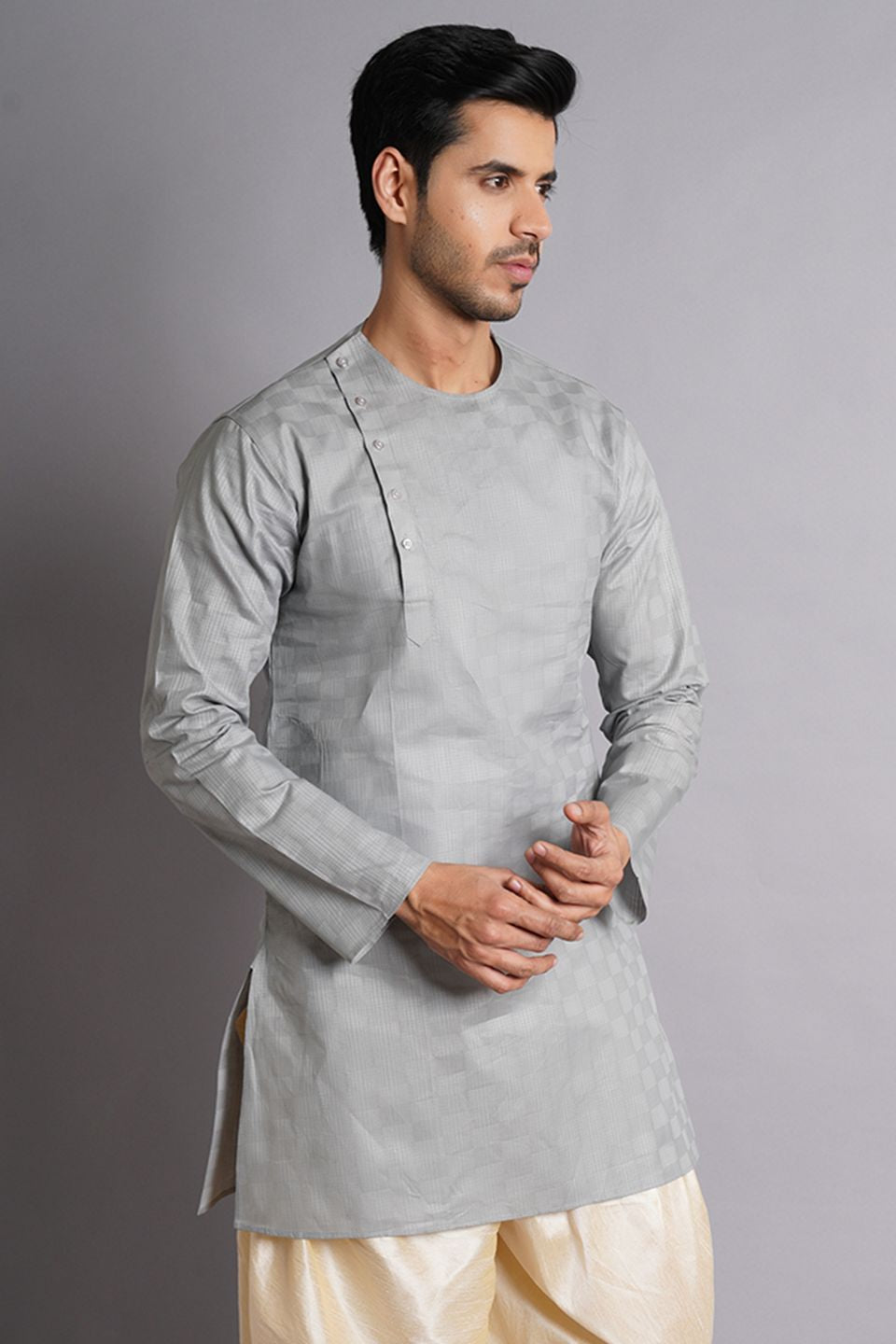 Cotton Grey Solid Kurta Dhoti