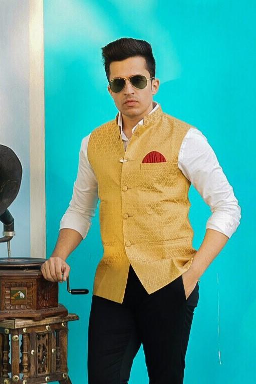 Banarasi Art Silk Cotton Blend Gold Nehru Jacket