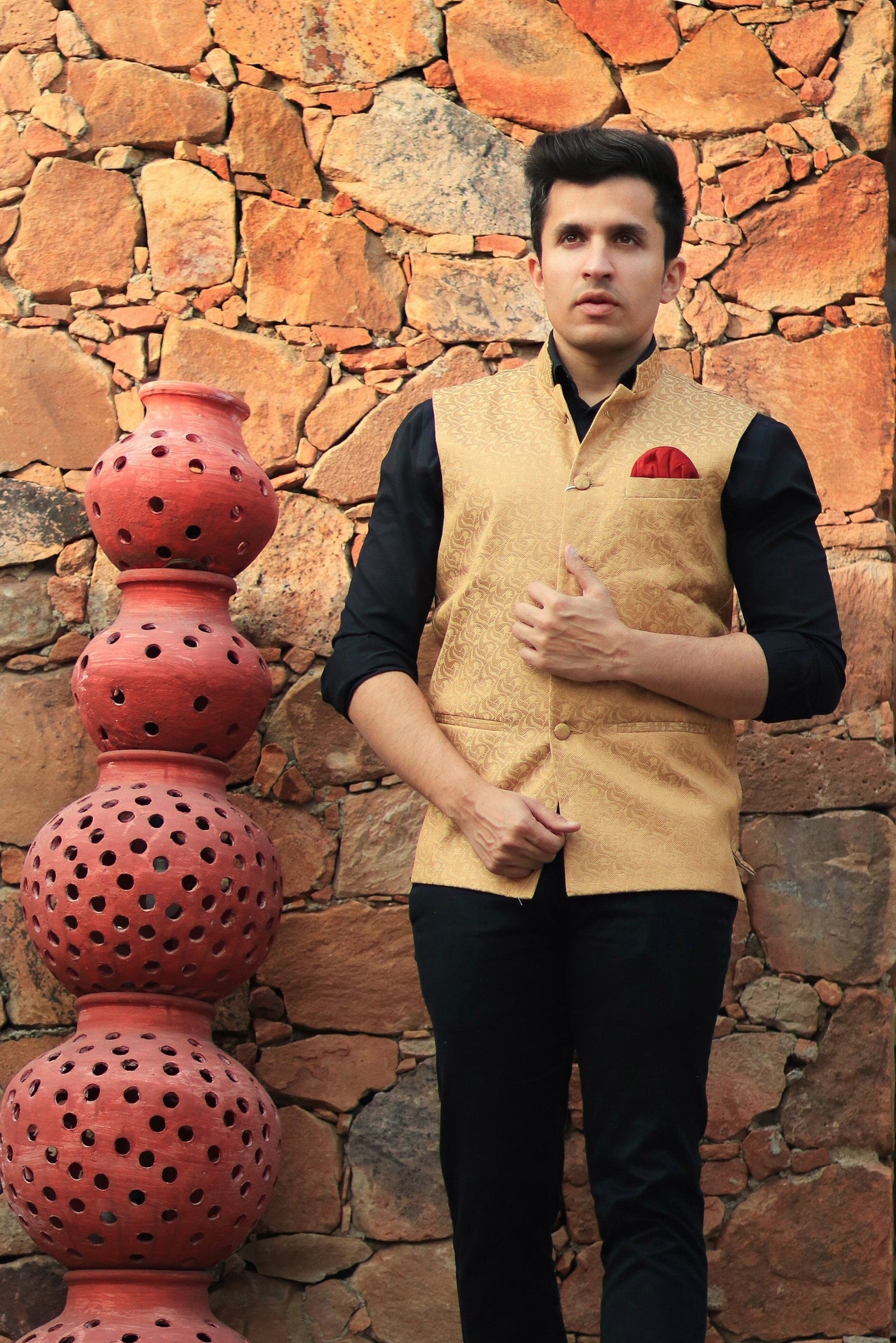 Banarasi Art Silk Cotton Blend Brown Nehru Jacket