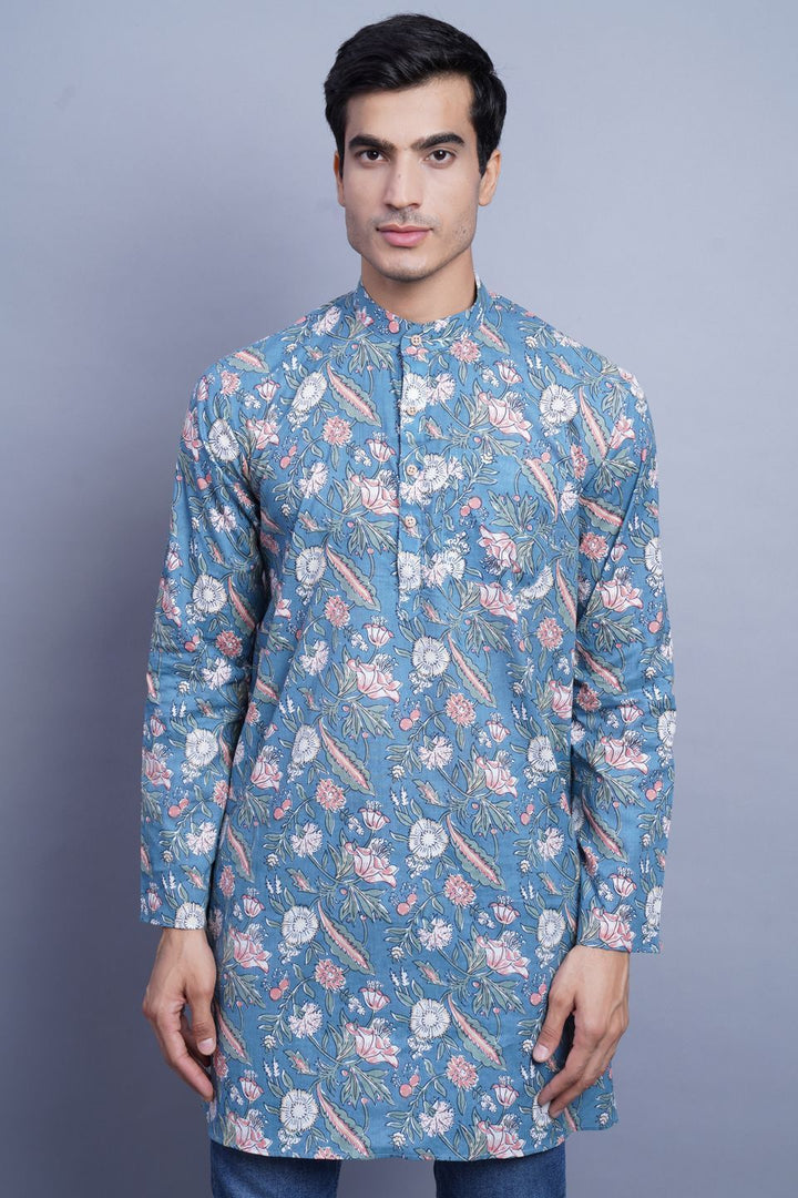 Wintage Men's Jaipur Cotton Tropical Hawaiian Batik Casual Kurta: Blue
