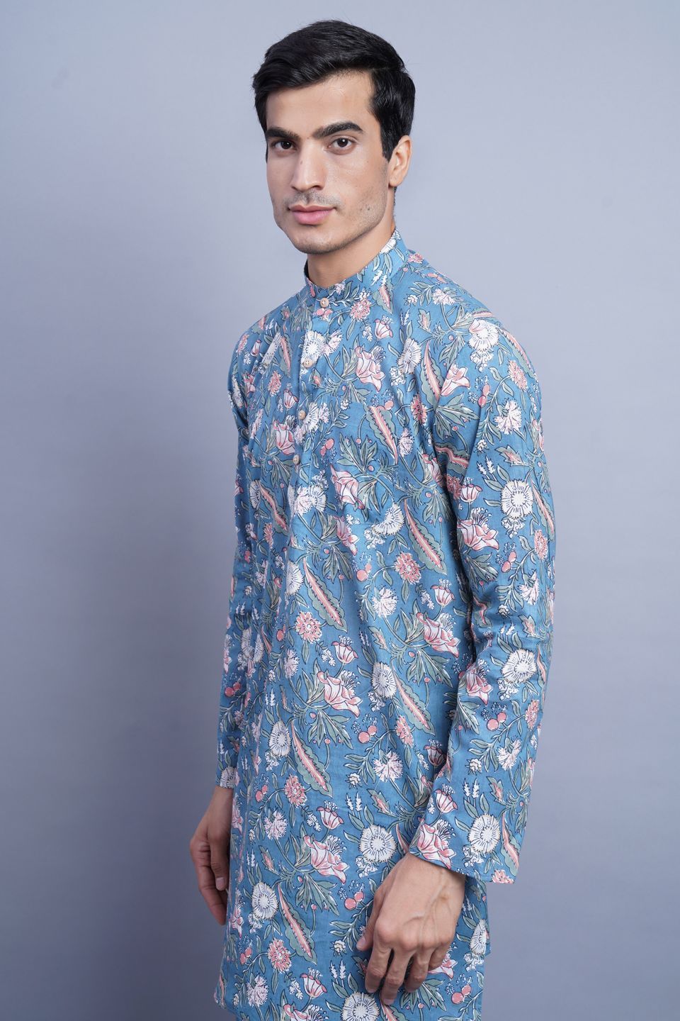 Wintage Men's Jaipur Cotton Tropical Hawaiian Batik Casual Kurta: Blue