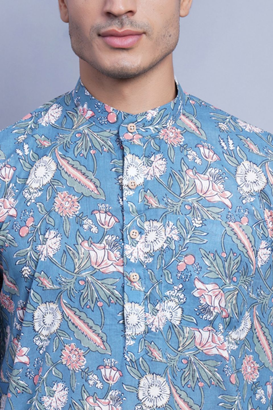 Wintage Men's Jaipur Cotton Tropical Hawaiian Batik Casual Kurta: Blue