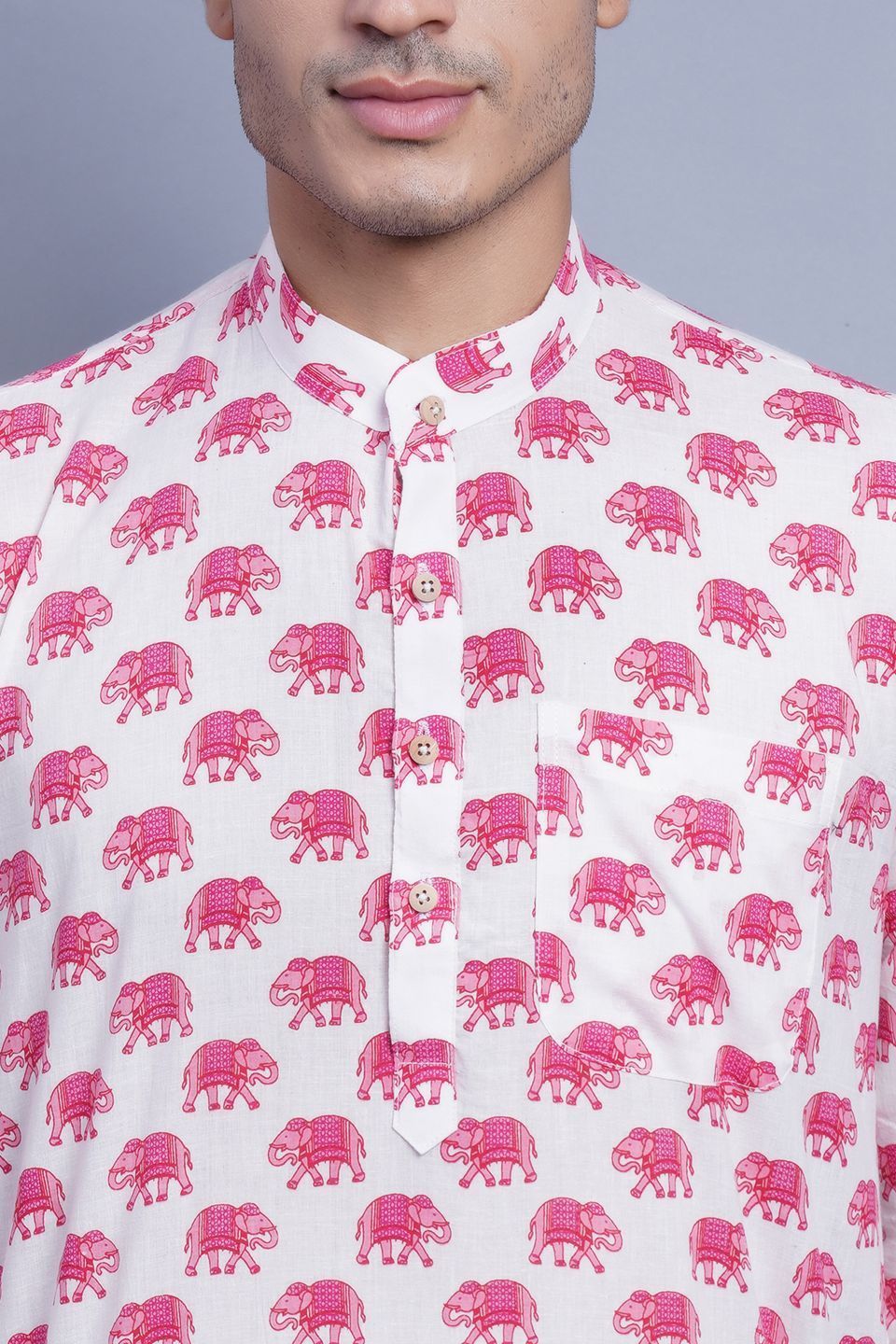 Wintage Men's Jaipur Pink Elephant Print Cotton Tropical Hawaiian Batik Casual Kurta : White