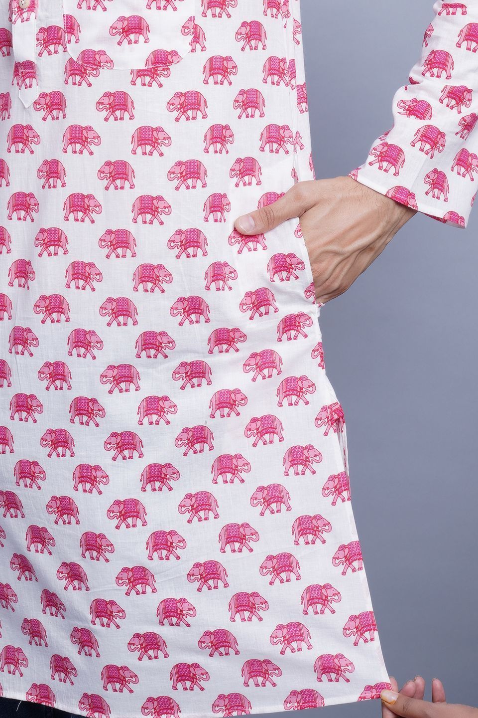 Wintage Men's Jaipur Pink Elephant Print Cotton Tropical Hawaiian Batik Casual Kurta : White