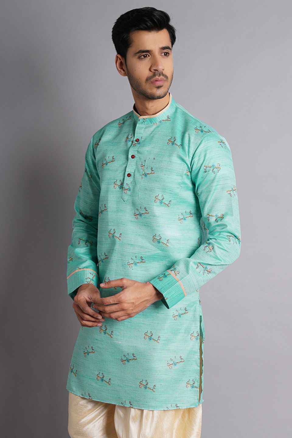 Cotton Silk Green Printed Kurta Dhoti