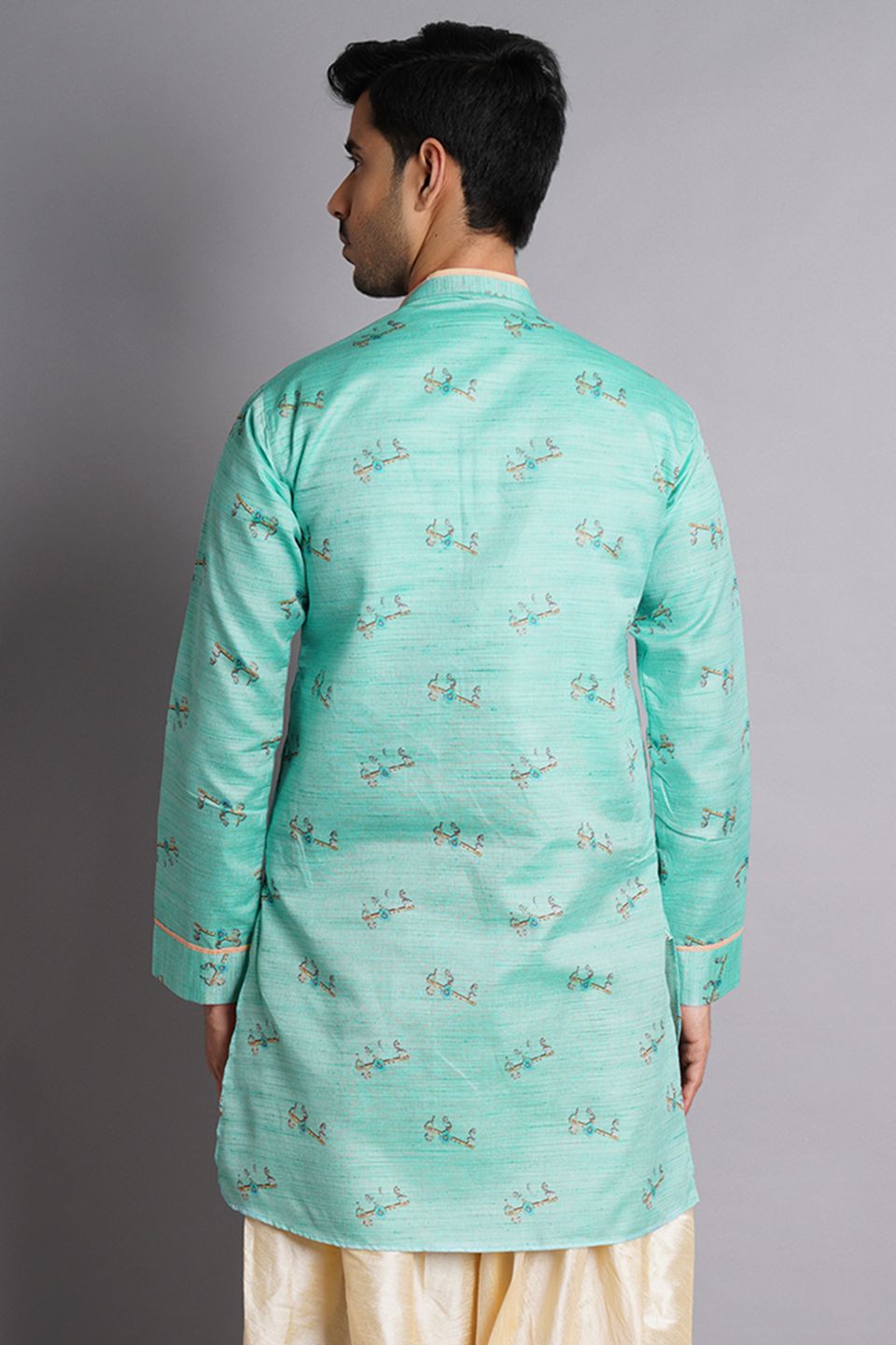 Cotton Silk Green Printed Kurta Dhoti