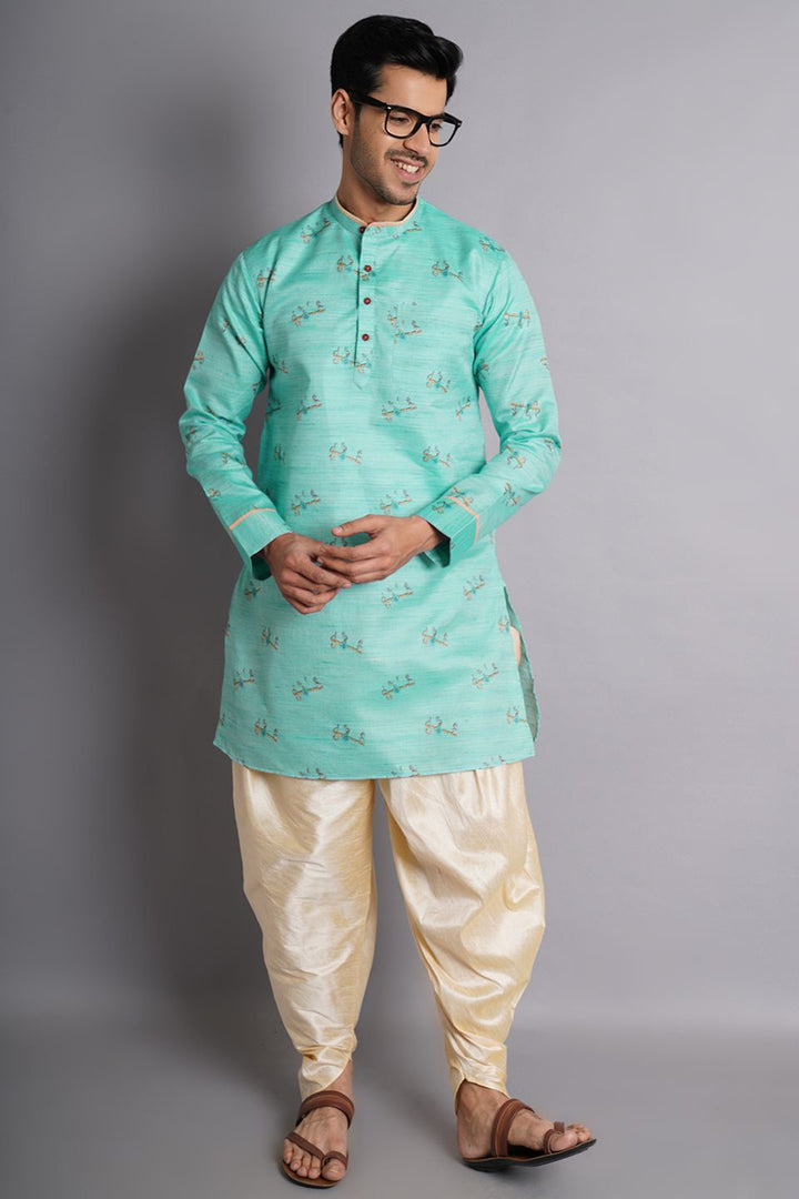 Cotton Silk Green Printed Kurta Dhoti