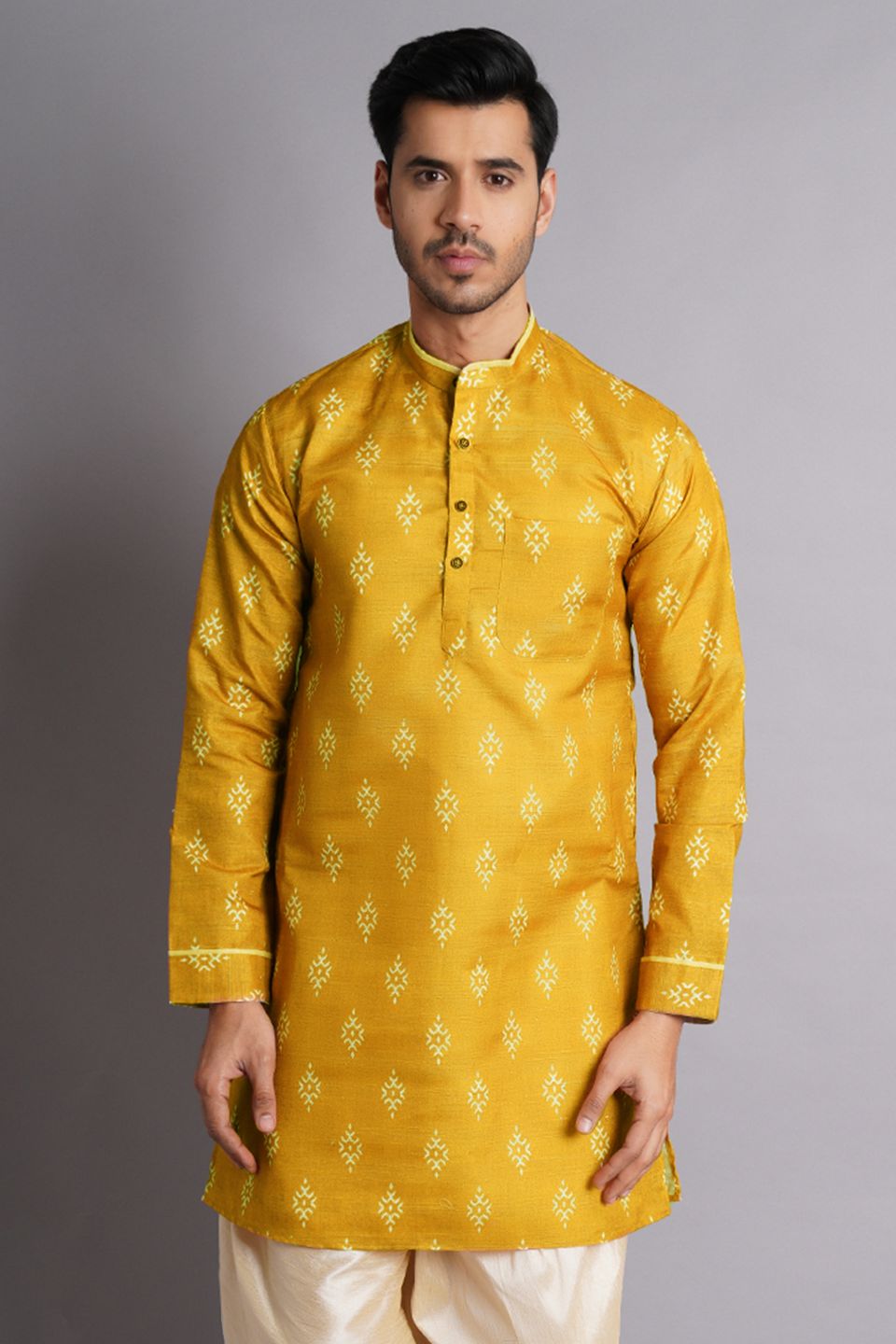Cotton Silk Mustered Printed Kurta Dhoti