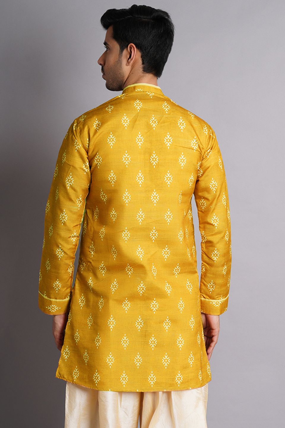 Cotton Silk Mustered Printed Kurta Dhoti