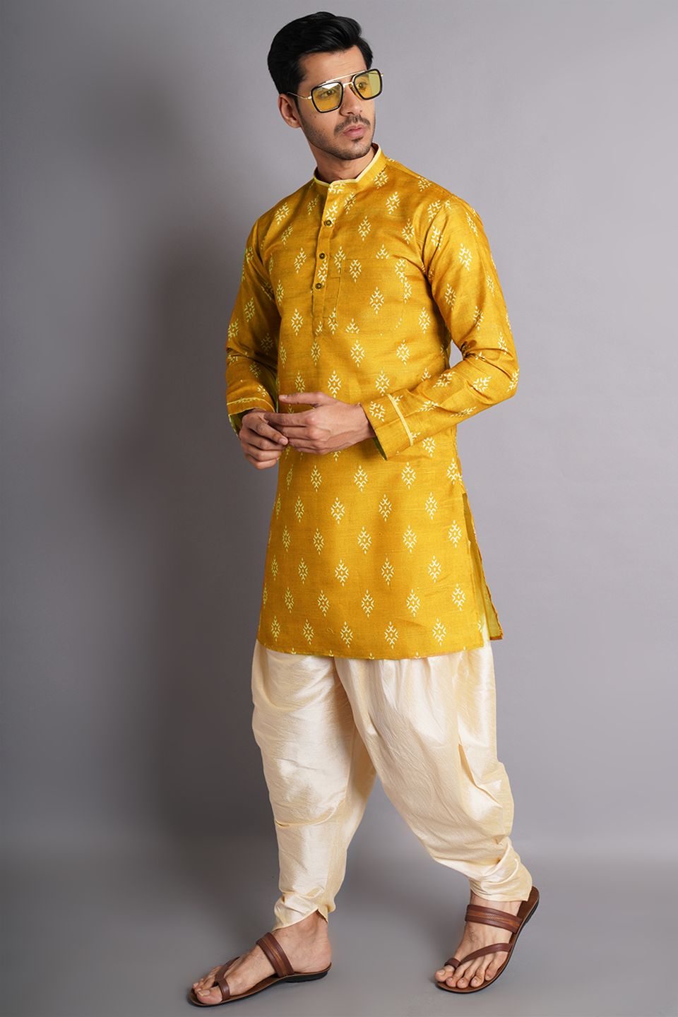Cotton Silk Mustered Printed Kurta Dhoti