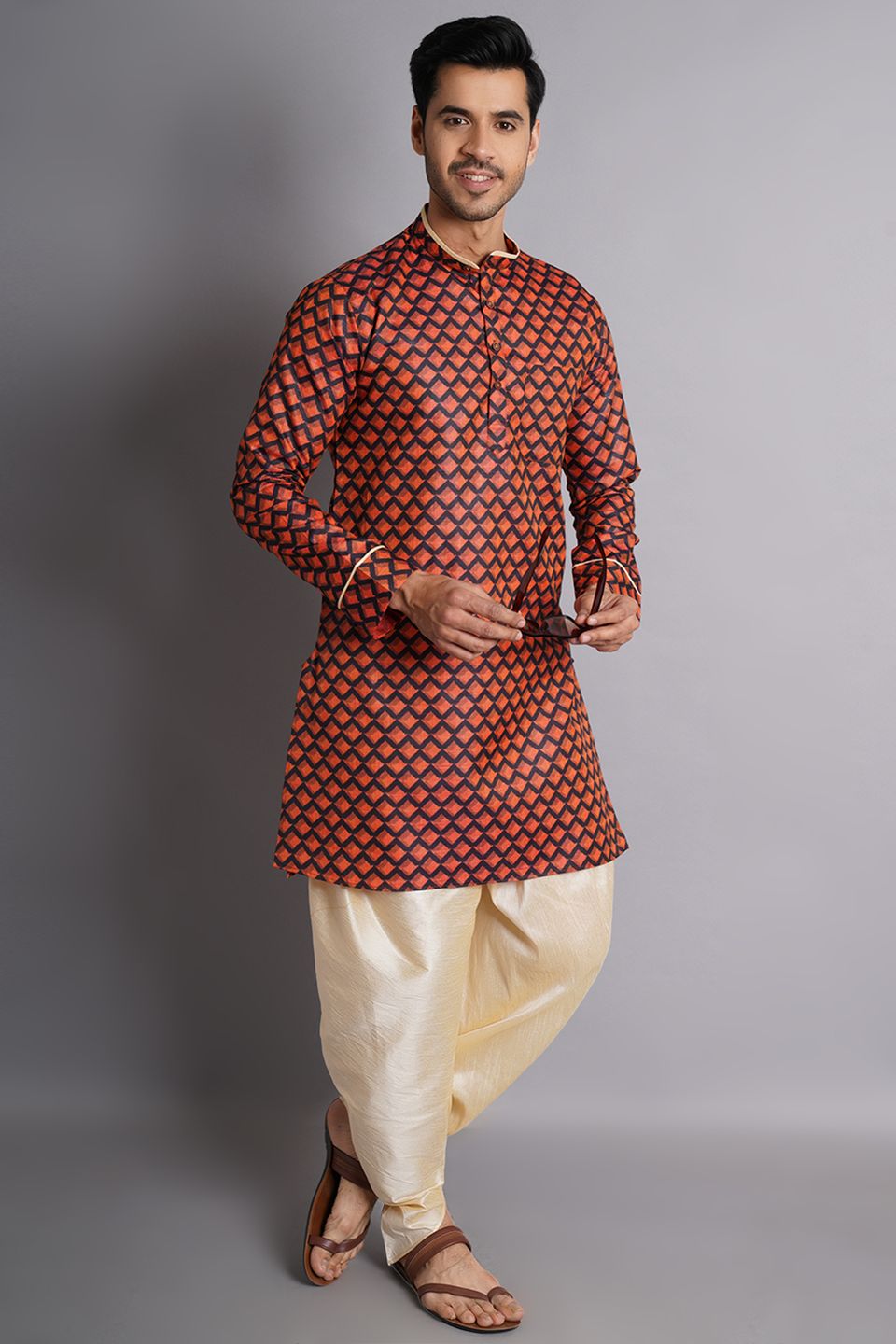 Cotton Silk Multicolored Printed Kurta Dhoti