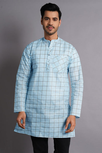 Cotton Silk Blue Checkered Kurta