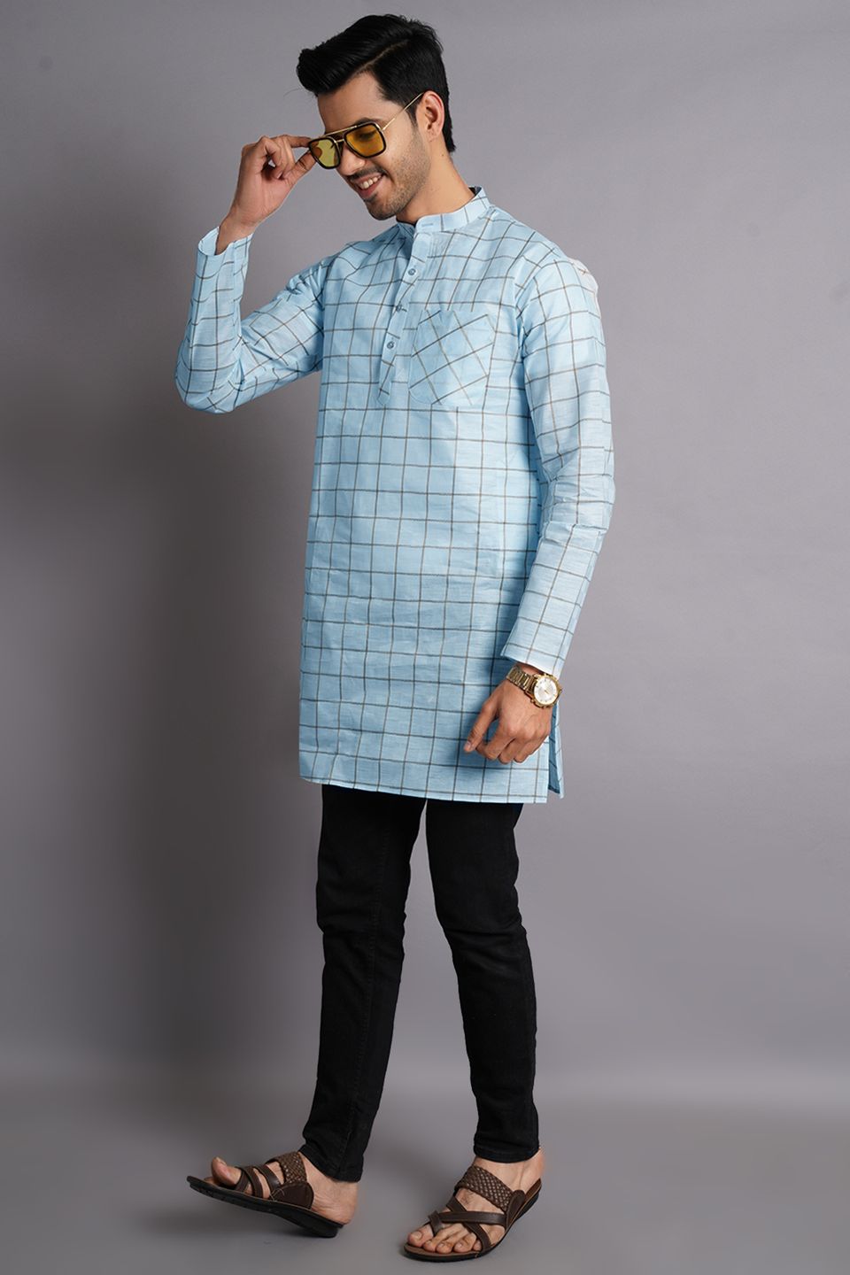 Cotton Silk Blue Checkered Kurta