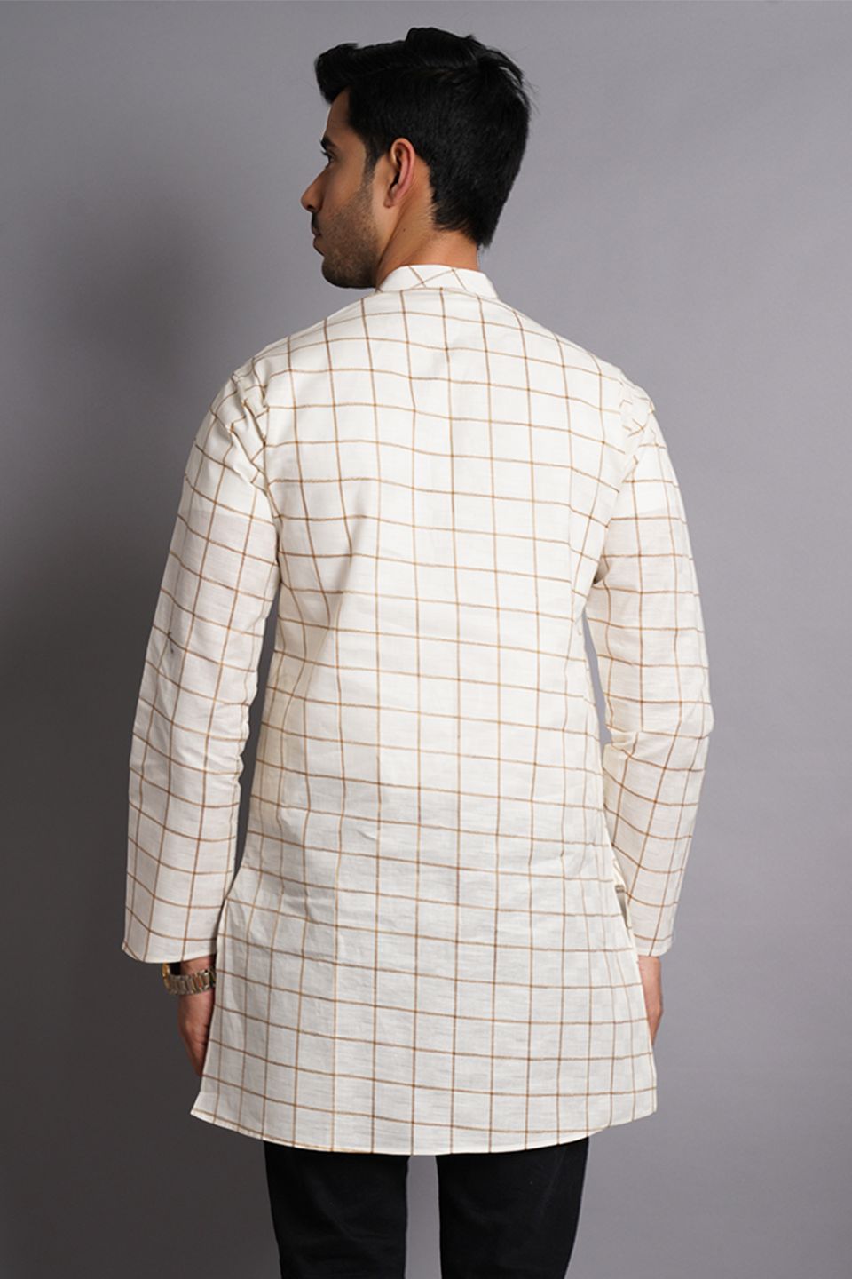 Cotton Silk White Checkered Kurta