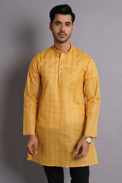 Cotton Silk Yellow Checkered Kurta