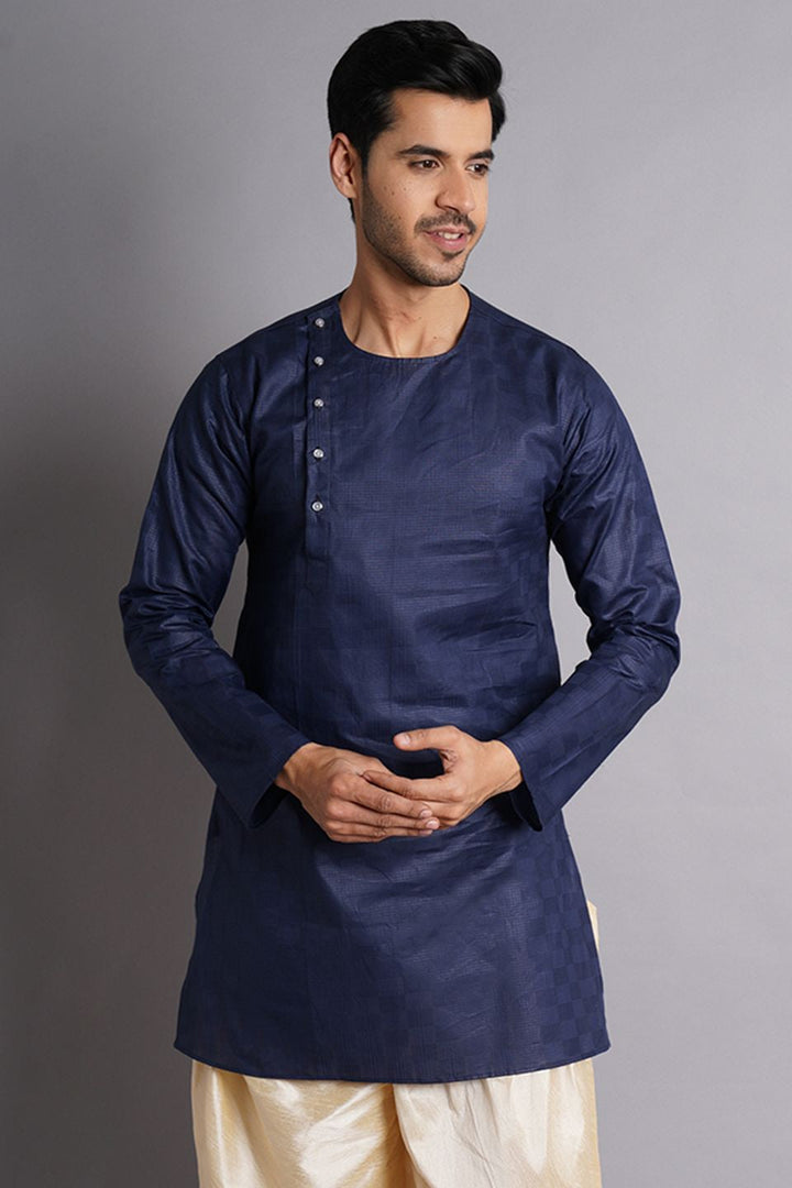 Cotton Navy Blue Solid Kurta Dhoti