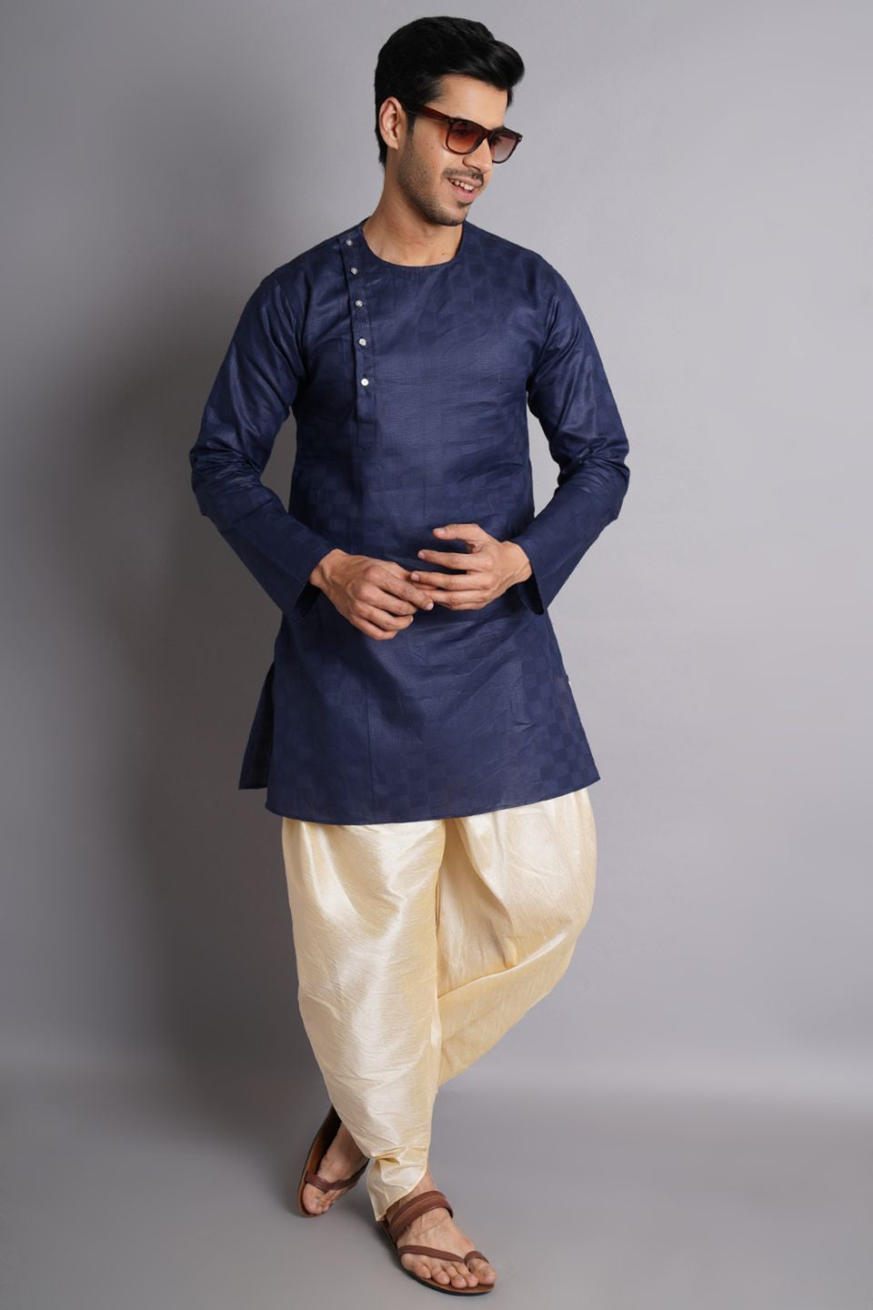 Cotton Navy Blue Solid Kurta Dhoti