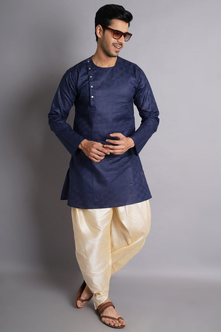 Cotton Navy Blue Solid Kurta Dhoti