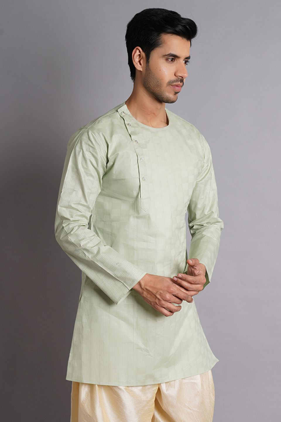 Cotton Light Green Solid Kurta Dhoti