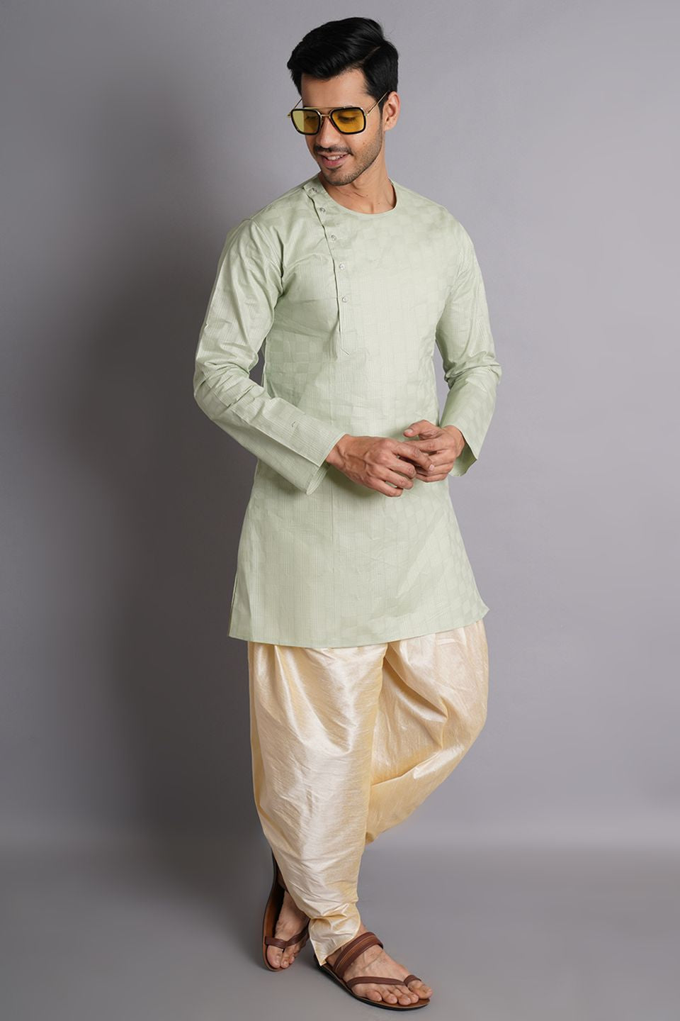 Cotton Light Green Solid Kurta Dhoti