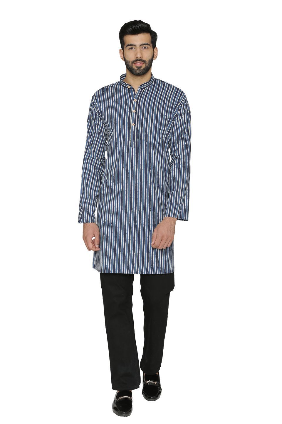 100% Jaipur Cotton Blue Long Indian Kurta