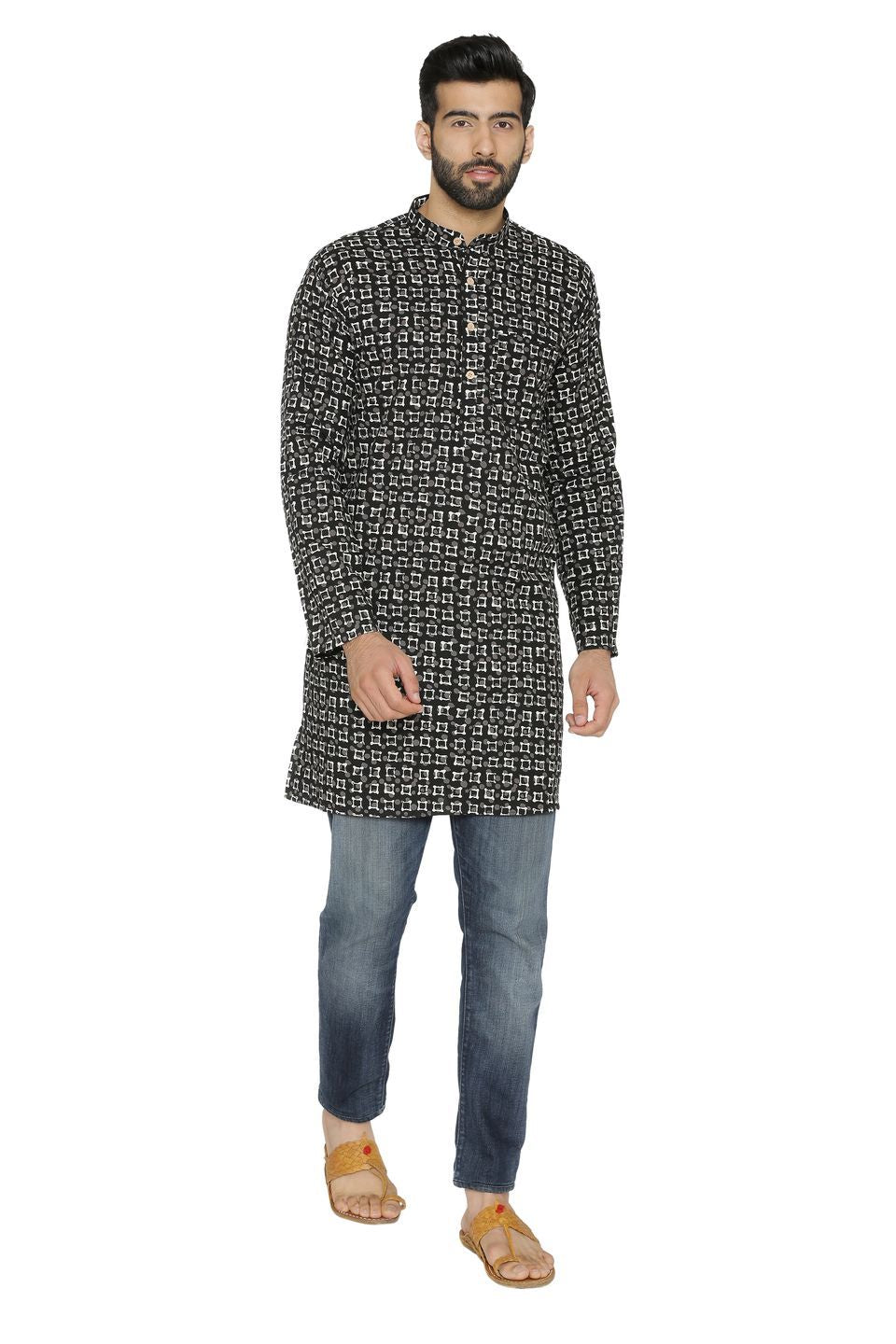100% Jaipur Cotton Black Long Indian Kurta