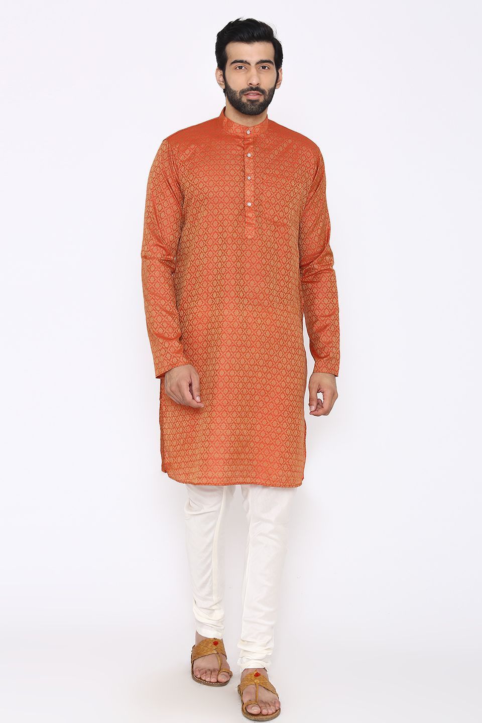 Banarasi Art Silk Cotton Blend Orange Long Kurta