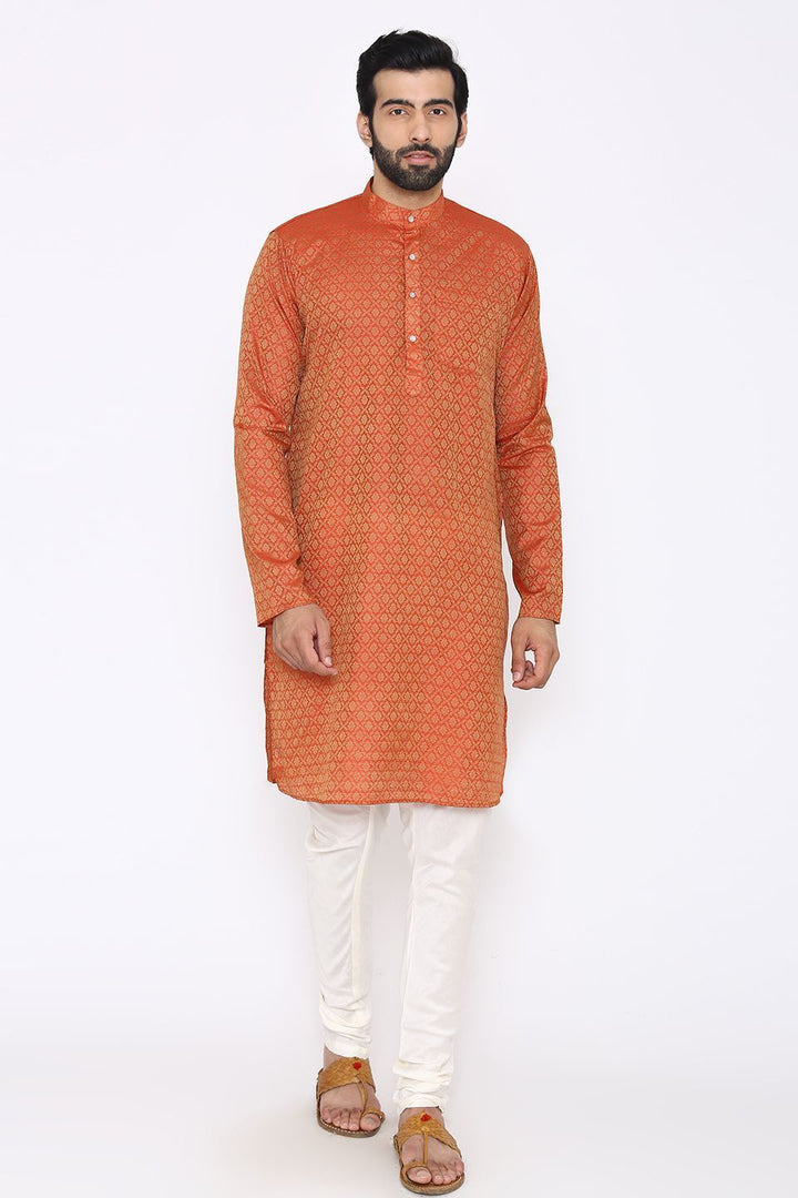 Banarasi Art Silk Cotton Blend Orange Long Kurta