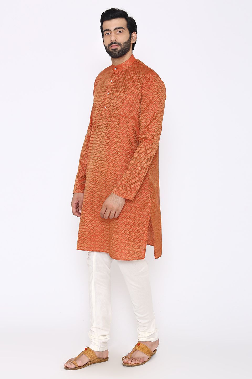 Banarasi Art Silk Cotton Blend Orange Long Kurta