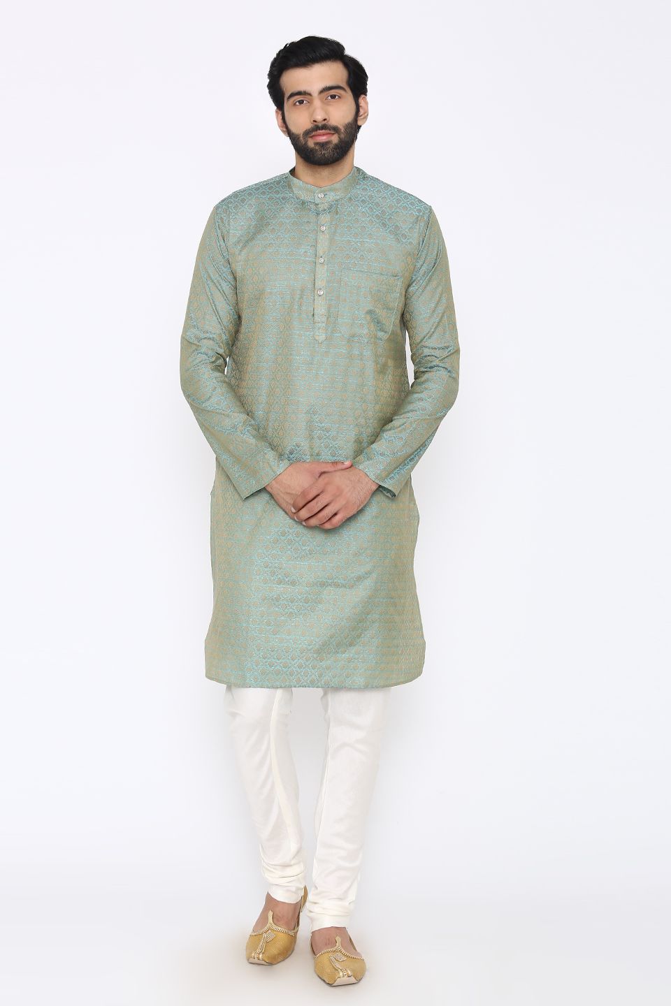 Banarasi Art Silk Cotton Blend Blue Long Kurta