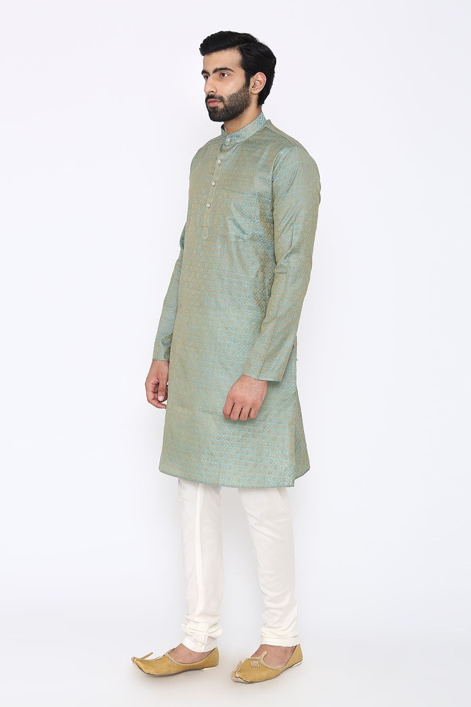 Banarasi Art Silk Cotton Blend Blue Long Kurta