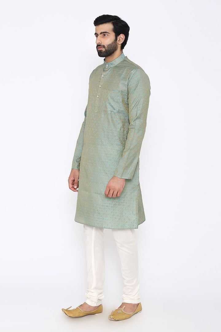 Banarasi Art Silk Cotton Blend Blue Long Kurta