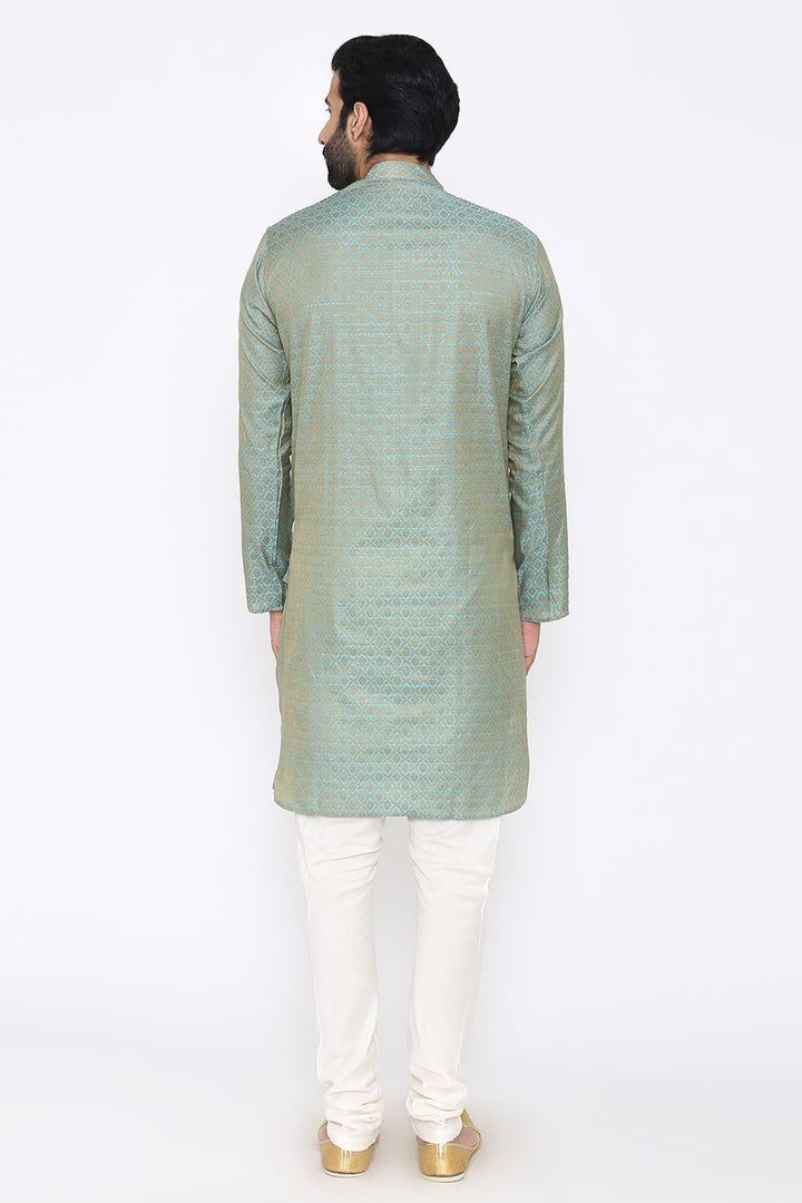 Banarasi Art Silk Cotton Blend Blue Long Kurta