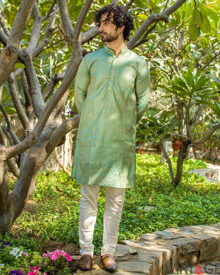 Banarasi Art Silk Cotton Blend Blue Long Kurta Pajama