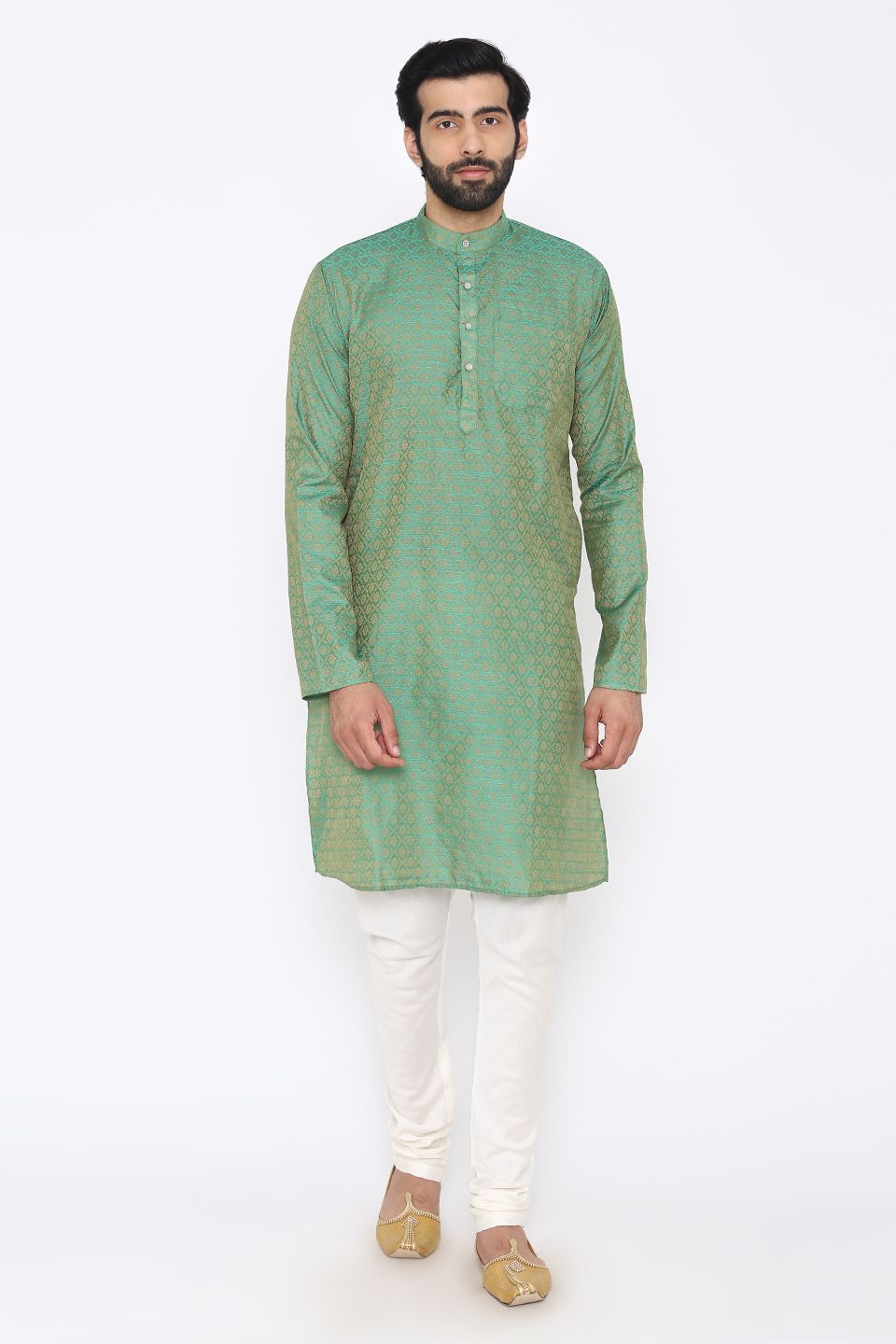 Banarasi Art Silk Cotton Blend Green Long Kurta