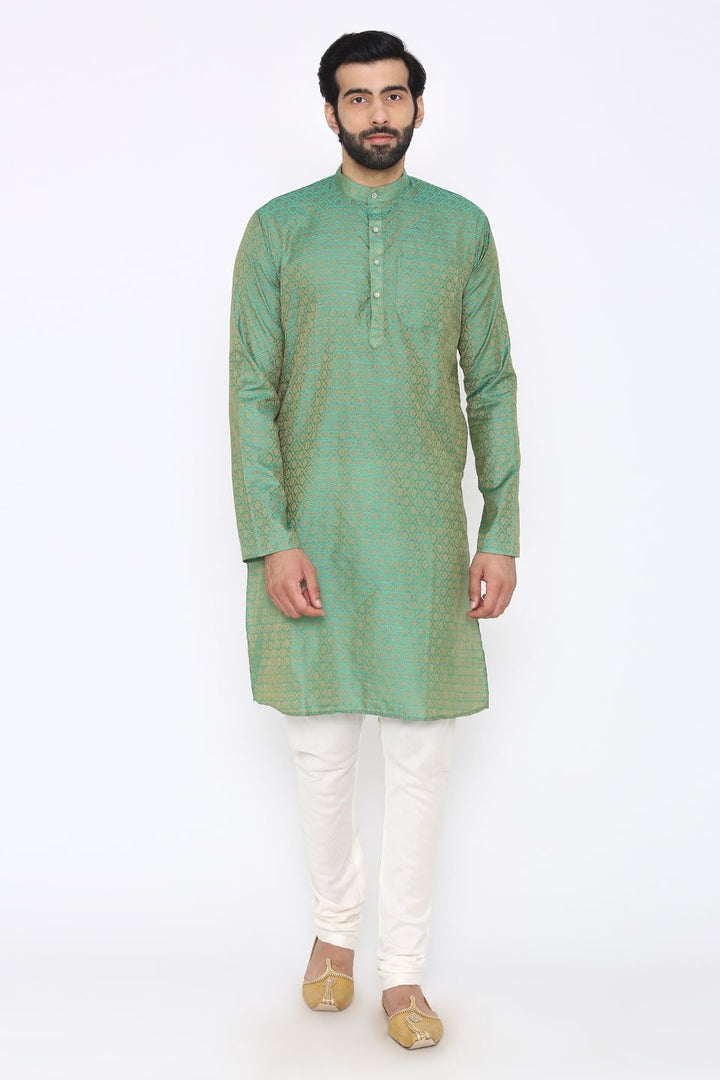 Banarasi Art Silk Cotton Blend Green Long Kurta